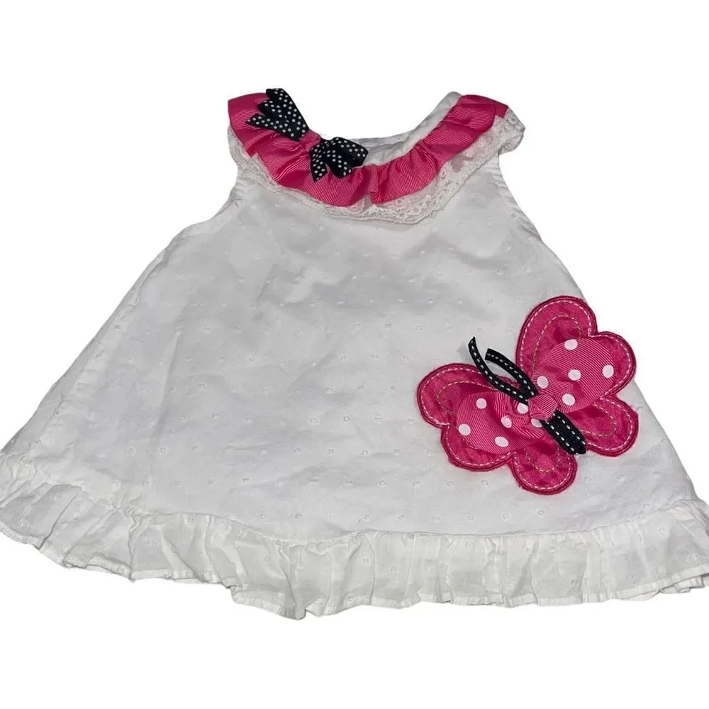 Rare Editions White Dress with Ribbon‎ Butterfly and Bow Details - Size 3-6 mths